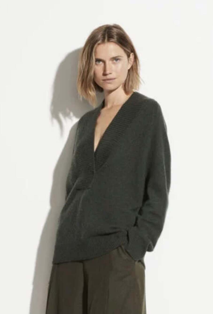 Vince Ribbed Shawl Collar Tunic Sweater in Moss Green Wool Cashmere Medium